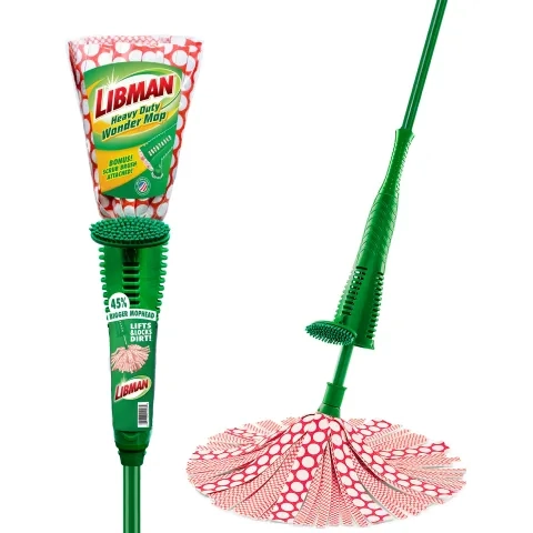 Two mops with green handles, one in and one out of packaging