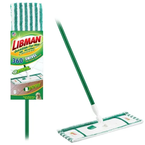 Flat mop in packaging next to the same mop out of packaging