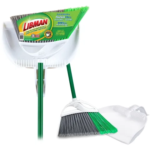 Broom and dustpan in packaging next to the same pair out of packaging