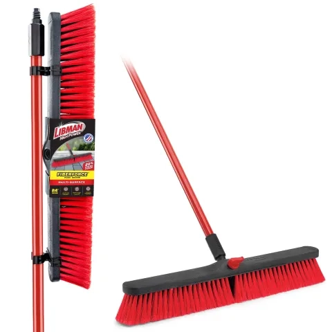 Push broom in cardboard packaging next to same broom out of packaging